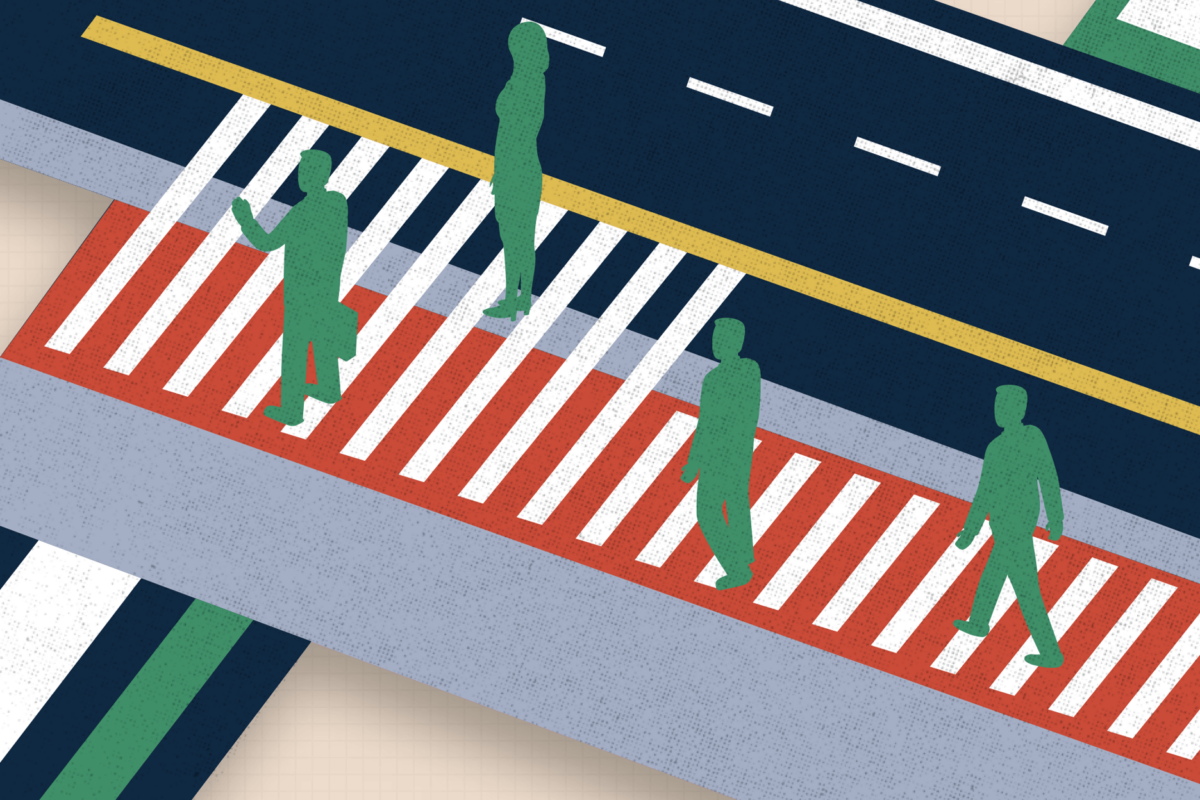 Illustrated people on conveyor belt like sidewalk next to street