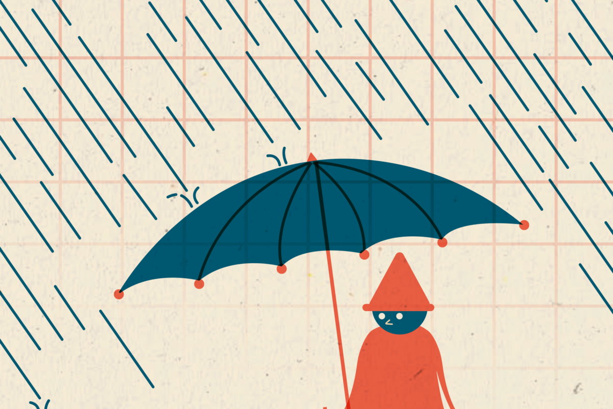 Illustrated man with rain hat holding umbrella