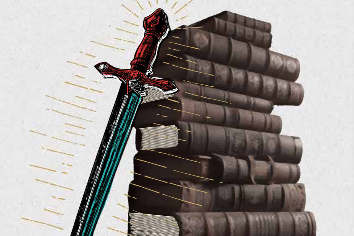 Sword leaning against a pile of books