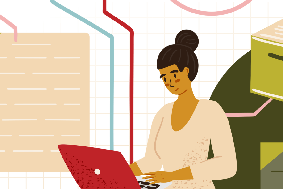 Illustration of a woman typing on a laptop computer.