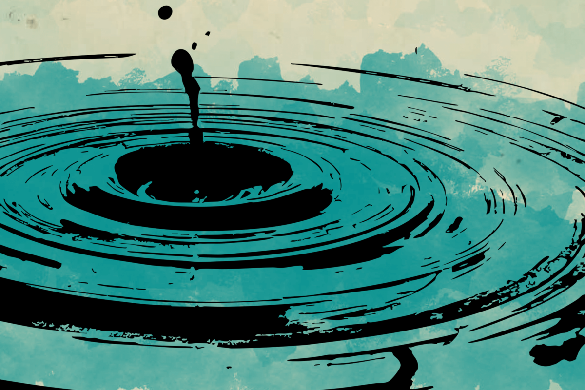 Stylized illustration of a single splash on a calm surface of water.