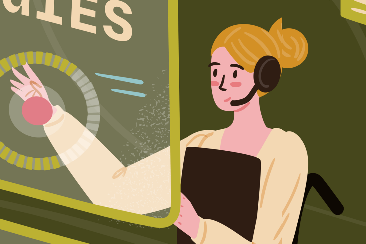 Illustration of a woman wearing a headset and carrying a digital tablet.