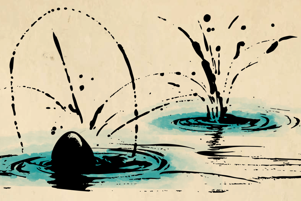 Stylized illustration of two splashes on a calm surface of water.