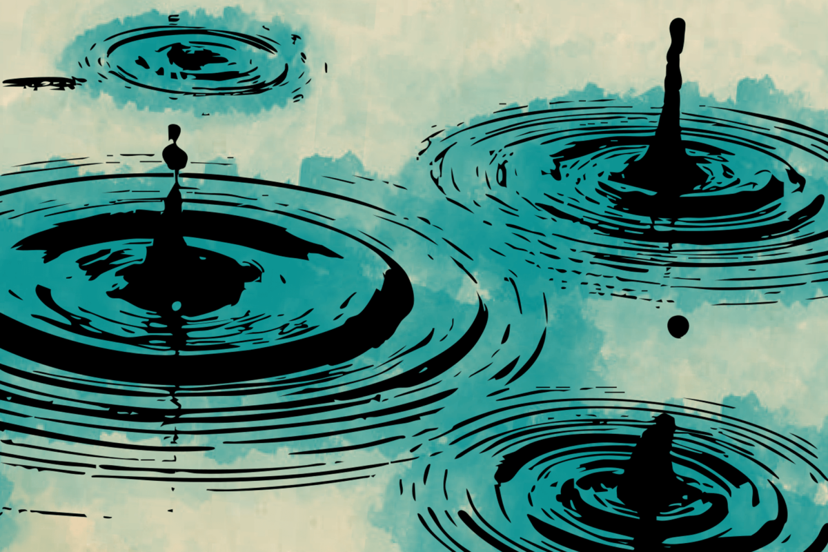 Stylized illustration of three splashes on a calm surface of water.