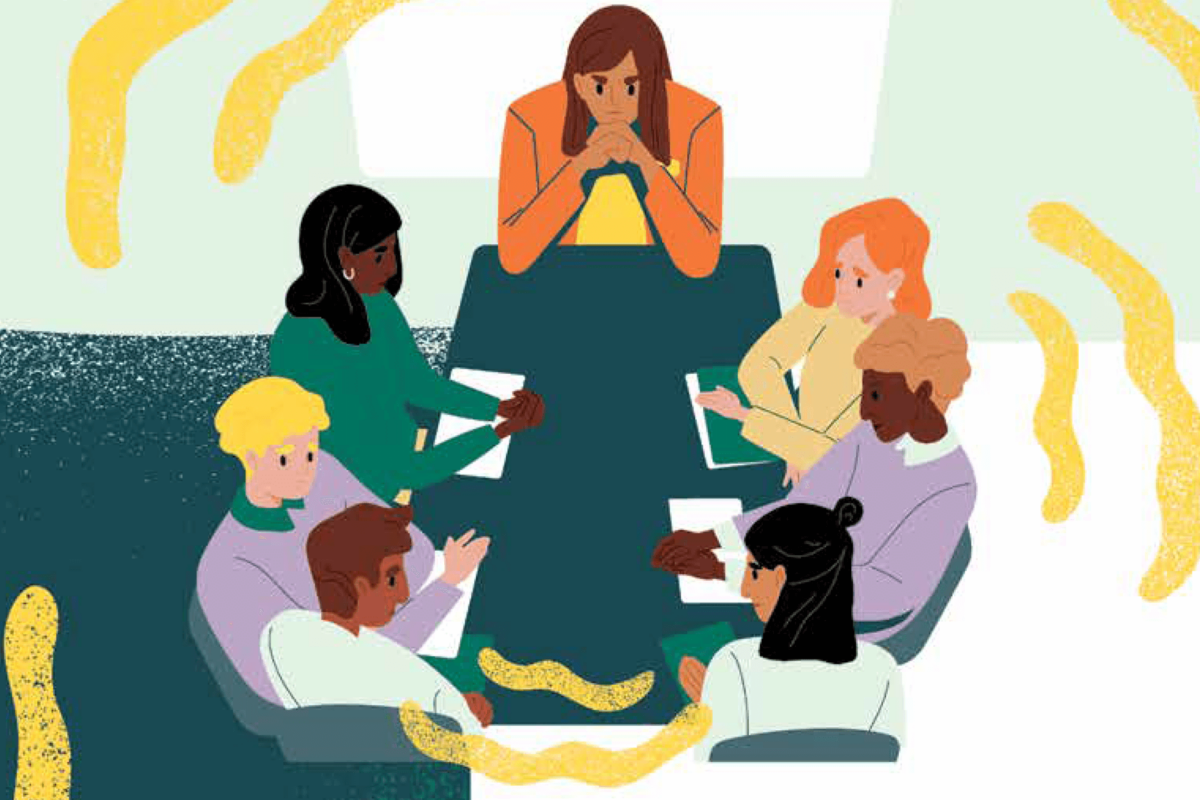 An illustration of seven colleagues seated around a table and having a meeting.