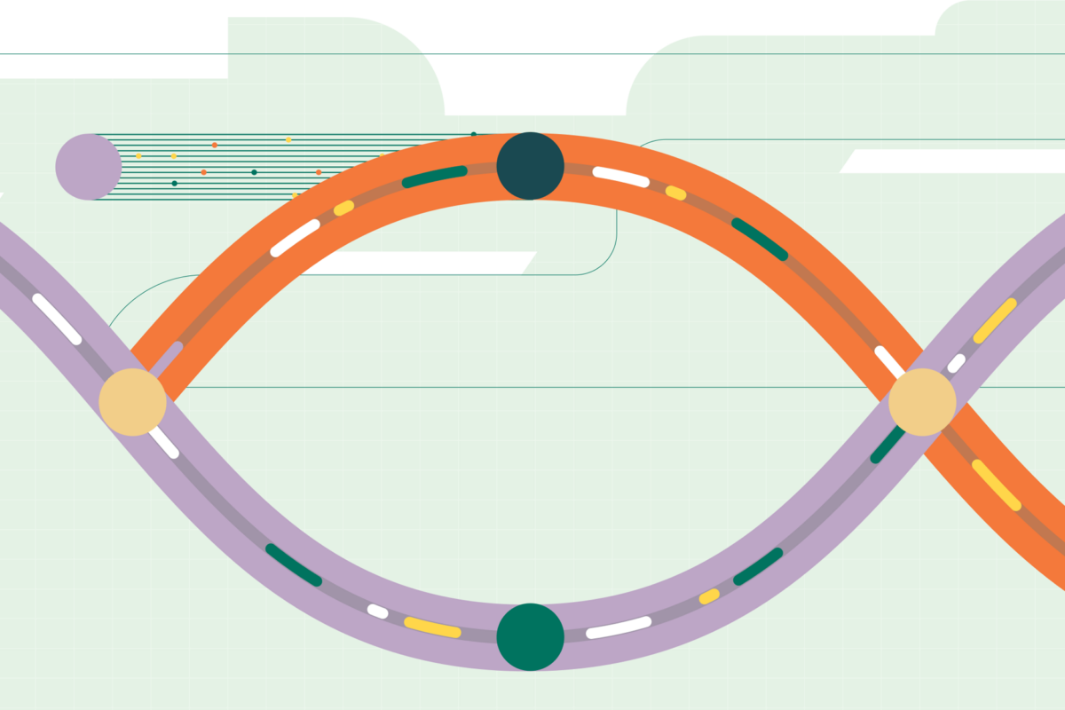 An abstract illustration showing two intertwined, curving pathways - one orange and one purple - each with various lines and dots, all set against a light background.