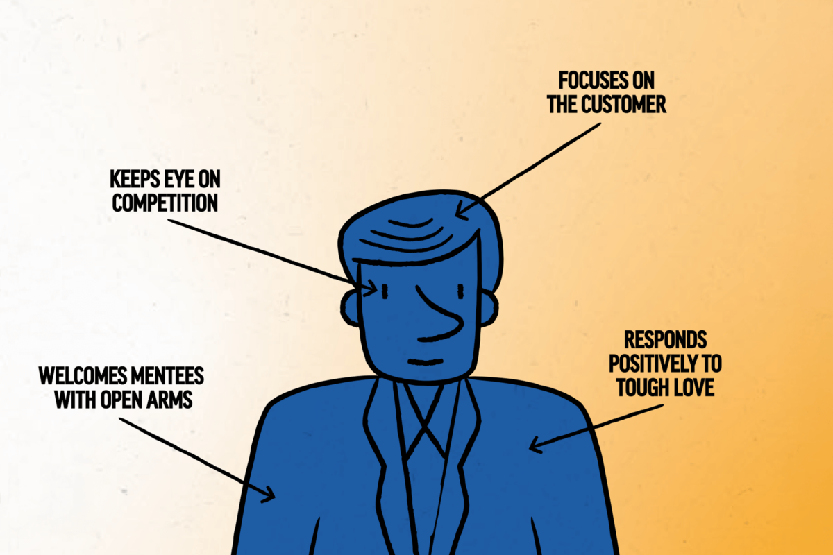 An illustration of a business person labeled with the following qualities: "Keeps eye on competition", "Focuses on the customer", "Welcomes mentees with open arms", and "Responds positively to tough love".