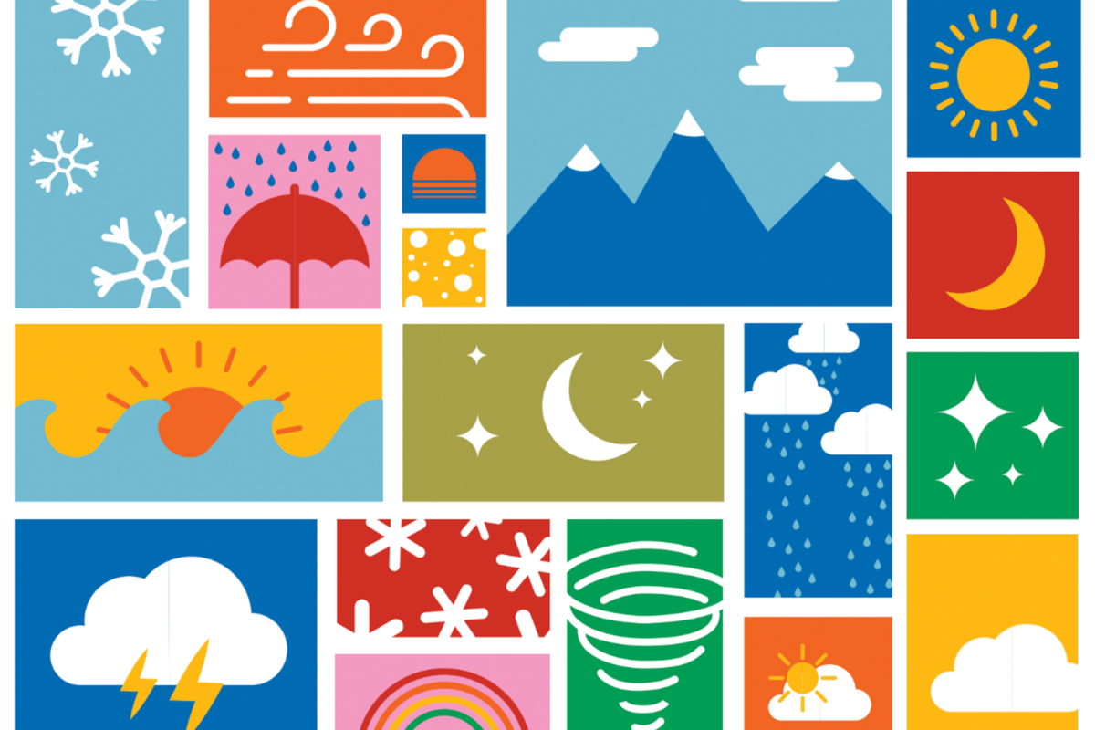 A colorful grid of weather and nature icons, including snowflakes, wind, sun, clouds, rain, a tornado, a rainbow, crescent moons, mountains, and ocean waves.