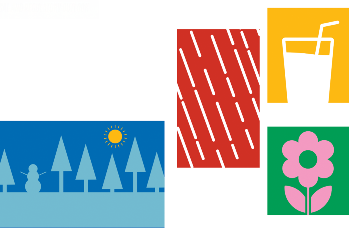Four colorful icons depicting: a blue-toned winter scene with a snowman and pine trees with a sun in the sky, rain falling on a red background, a yellow drink with a straw, and a pink flower on a green background.