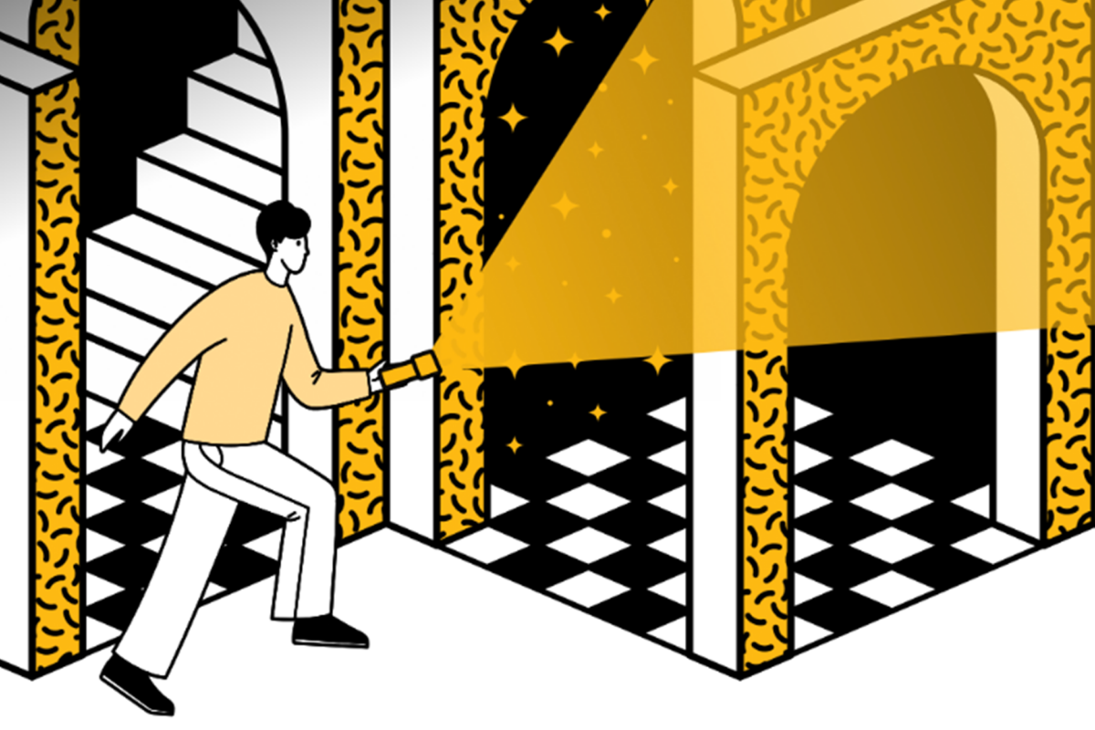 An illustration of a person shining a flashlight into a patterned hallway with arches in a maze-like space.