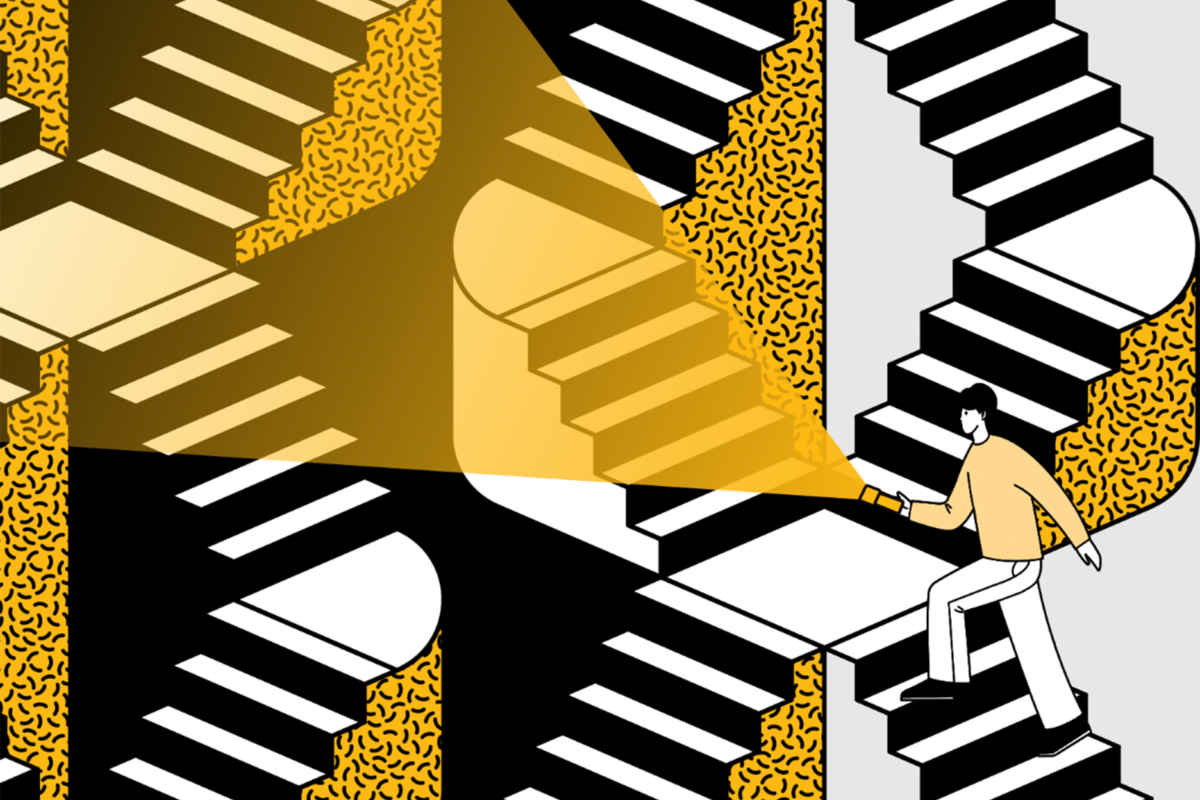 An illustration of a person holding a lit flashlight and walking up a set of steps in an abstract staircase.