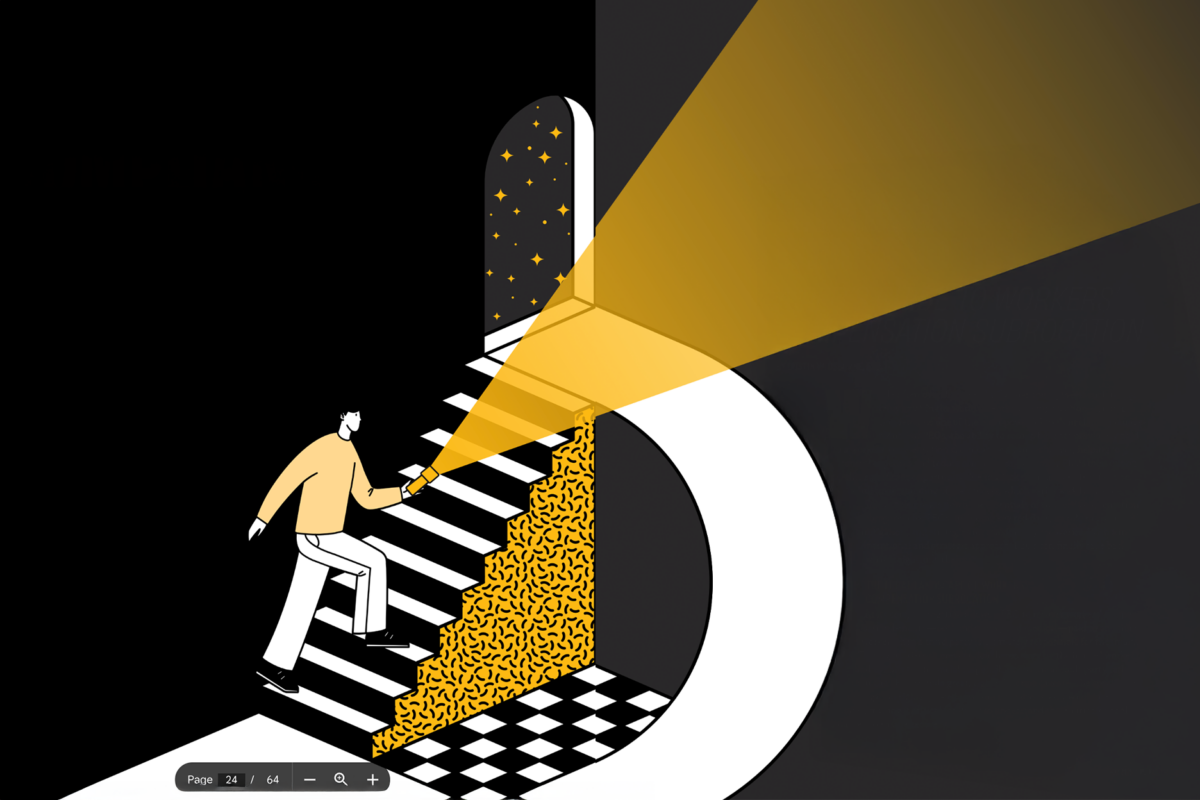 An illustration of a person shining a flashlight up toward an arched doorway at the top a staircase.