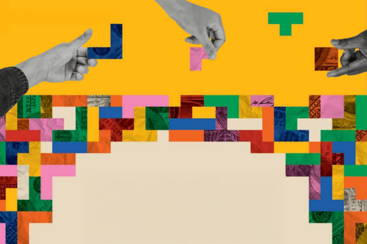 A collage-styled image of grayscale hands placing colorful, Tetris-like blocks made of currency against a bright yellow background.