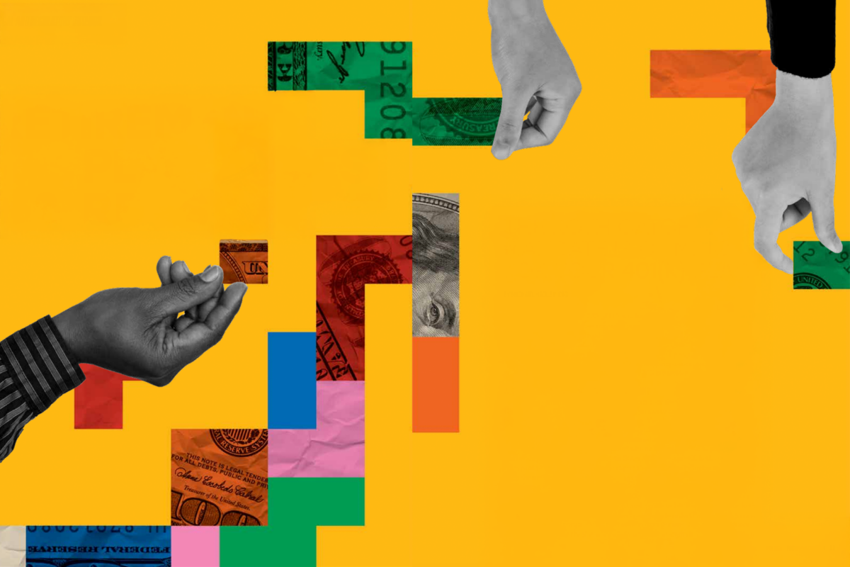A collage-styled image of grayscale hands placing colorful, Tetris-like blocks made of currency against a bright yellow background.