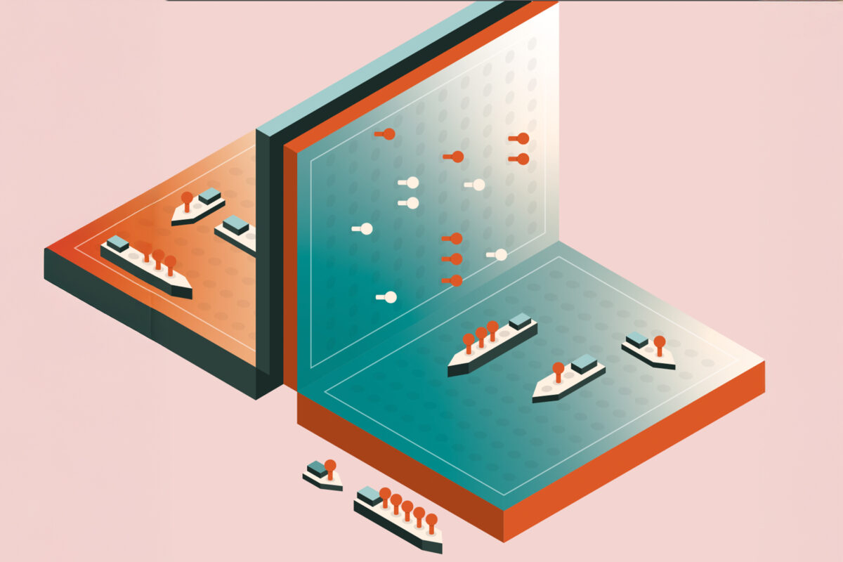 Illustration styled like a Battleship strategy game, with two opposing grid boards showing ships and red and white pegs representing hits and misses.