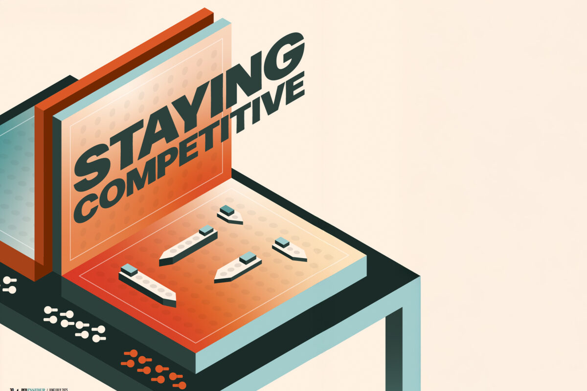 Stylized illustration resembling a retro arcade table or strategy game board, labeled "Staying Competitive," with game-piece-like tools suggesting business strategy and tactical precision.