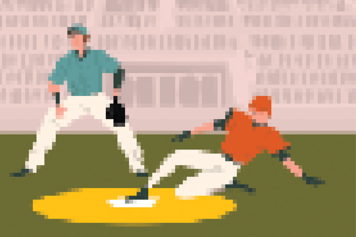 Pixel-art style illustration of a baseball scene showing one player sliding into base while another prepares to tag them out.