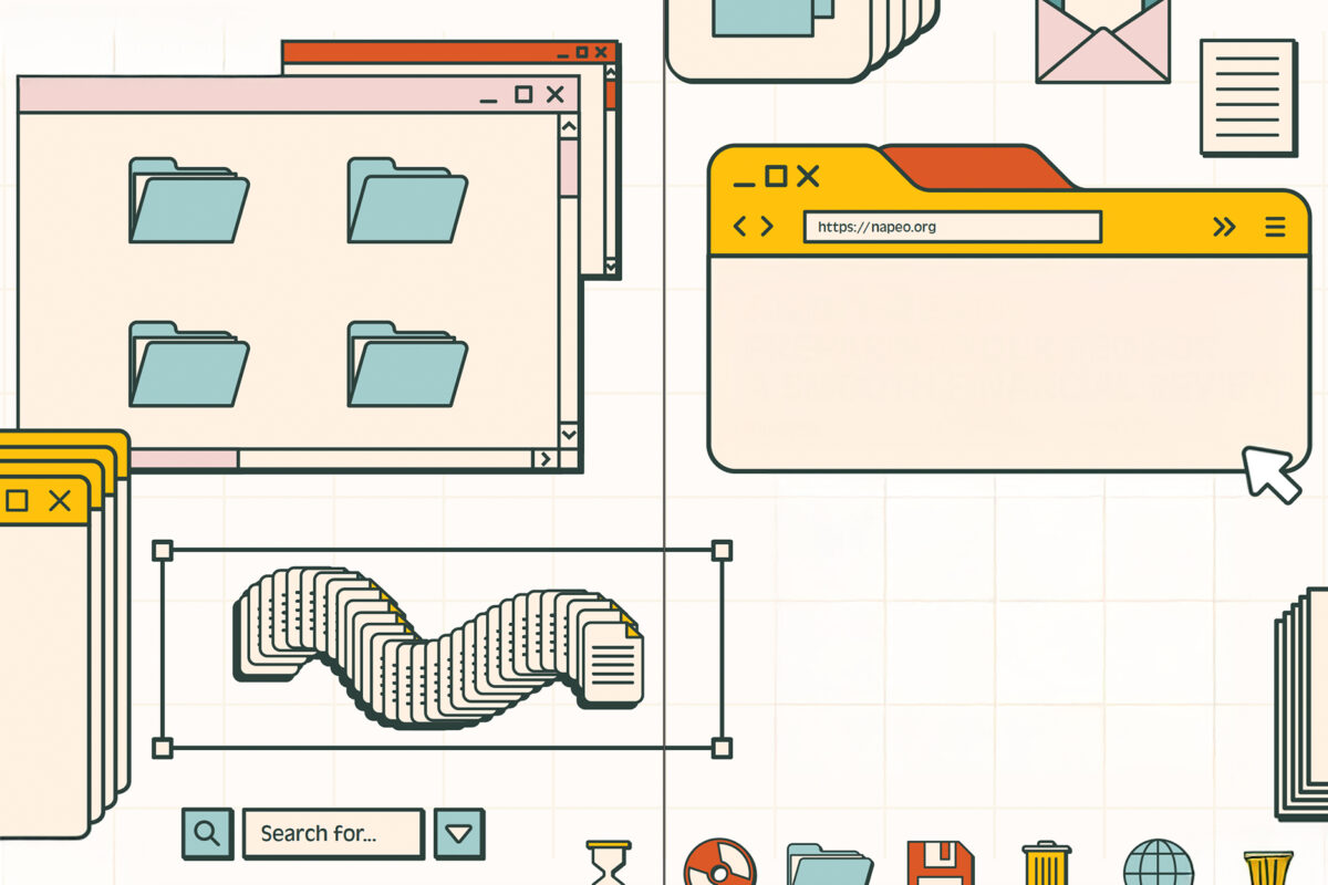 Illustration of computer windows and file icons, featuring multiple folders, a browser window, a search bar, and a wave of overlapping documents.