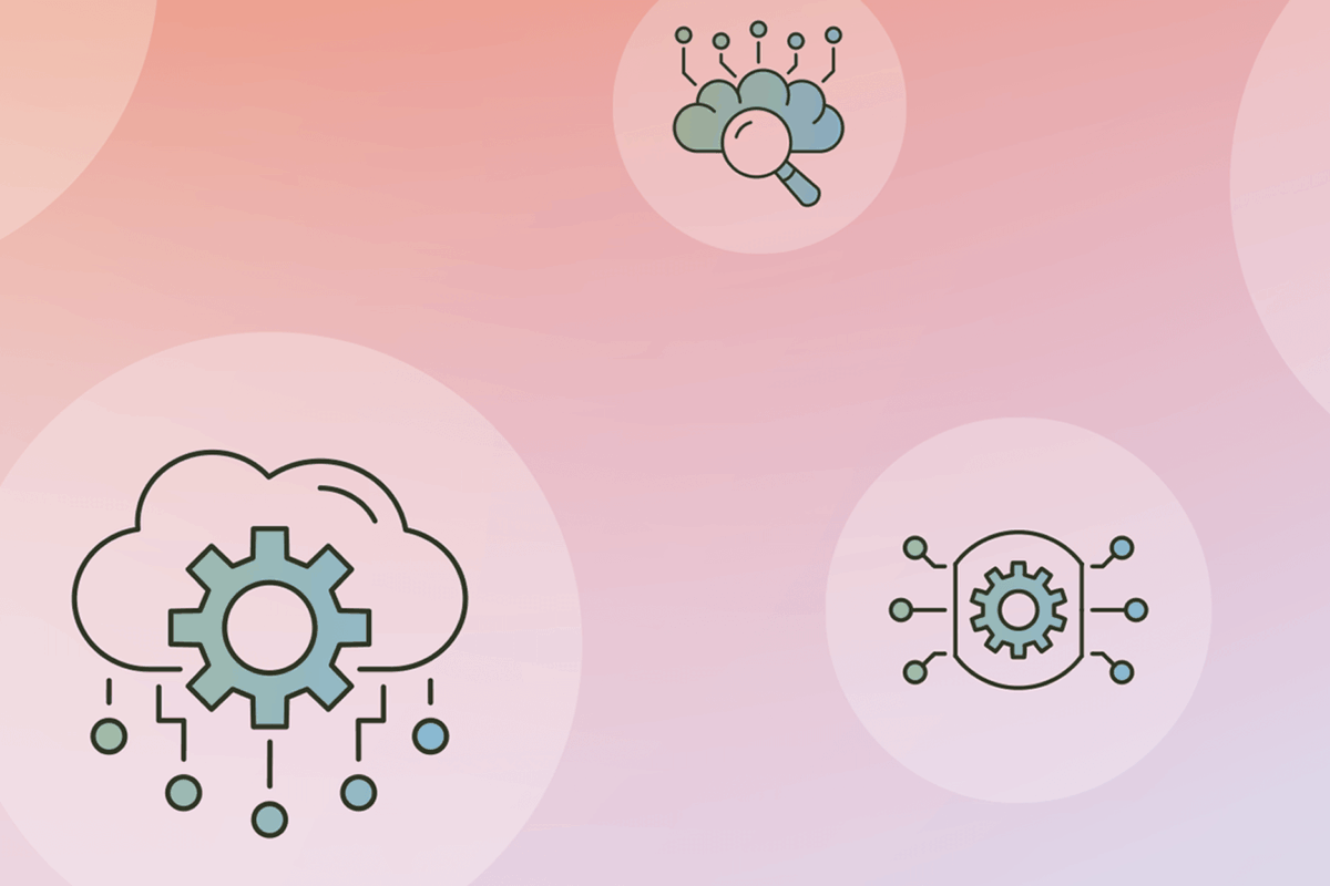 Illustration of three cloud and gear icons connected by network nodes on a pink background.