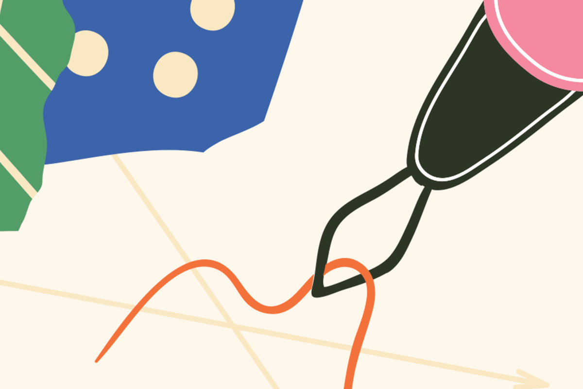 Illustration of a fountain pen drawing a wavy orange line on a background with abstract shapes.