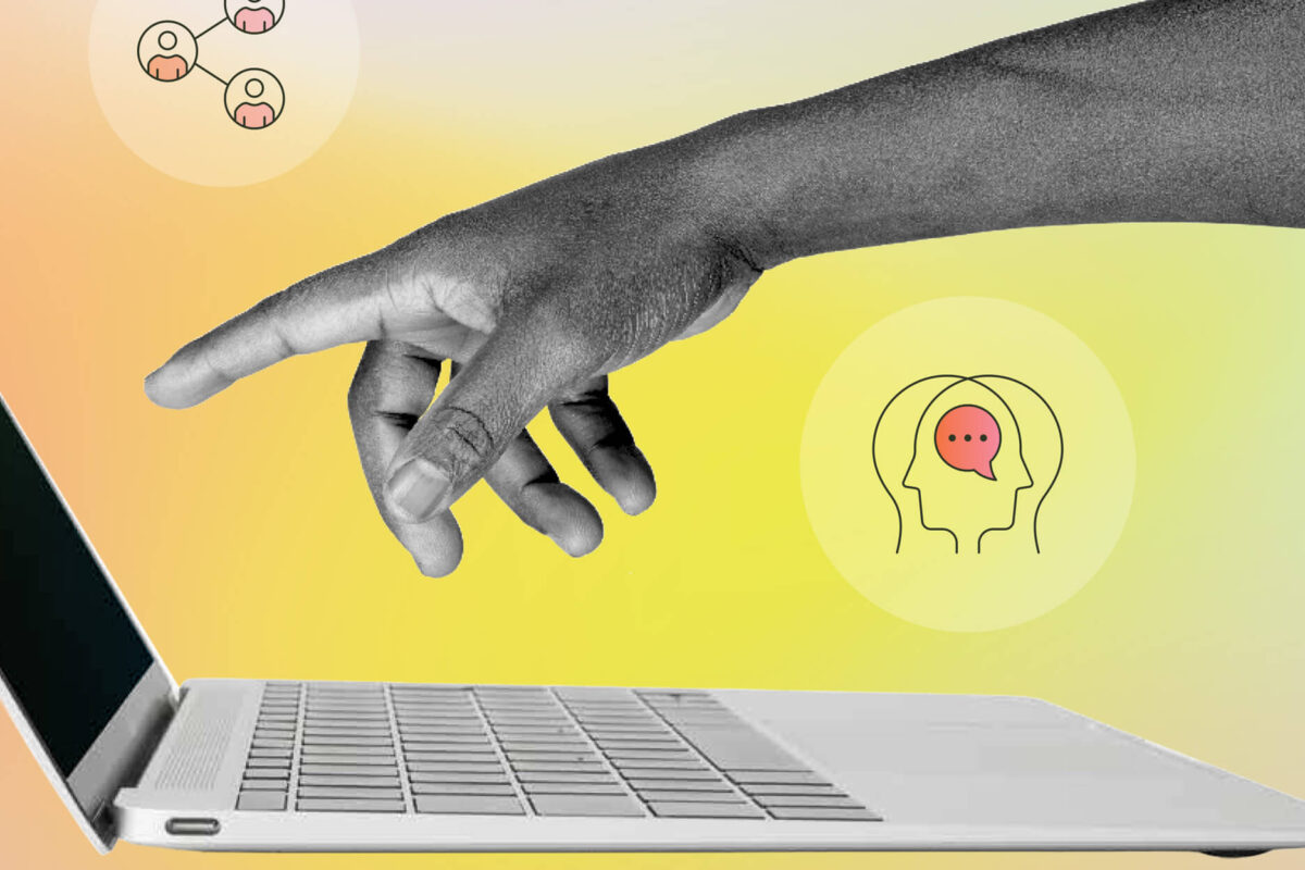 A hand reaching toward a laptop with icons of people and a speech bubble on a yellow background.