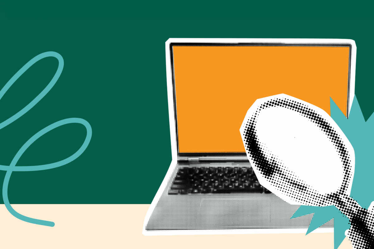 Illustration of a laptop with an orange screen and a large magnifying glass in front of it.