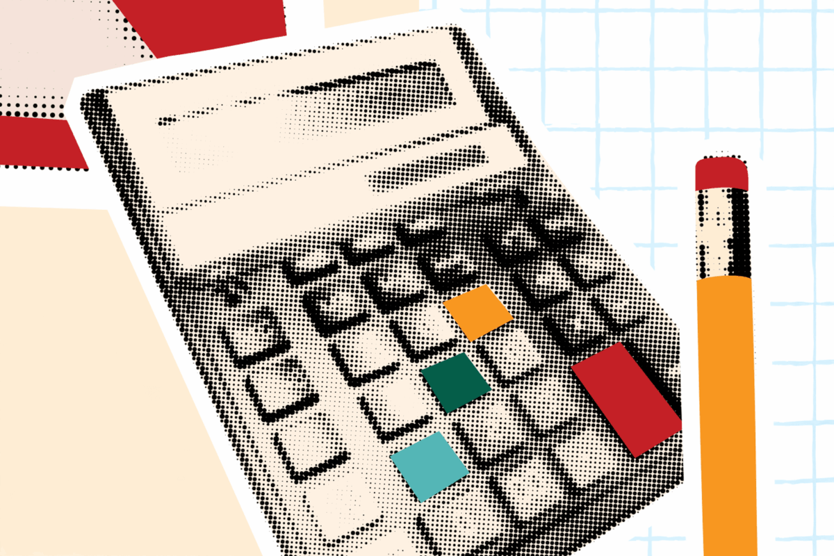Illustration of a calculator with colorful buttons next to a pencil on a grid-pattern background.