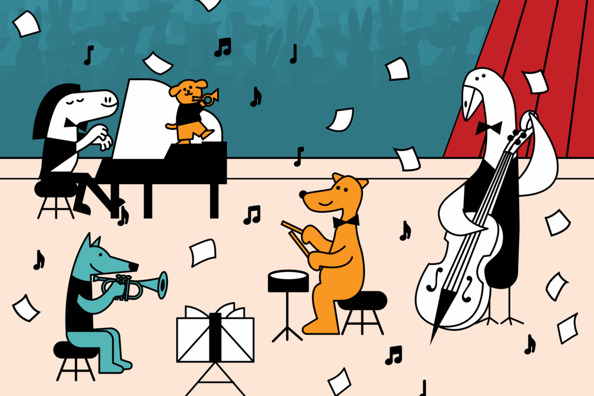 Illustration of cartoon animals playing musical instruments on a stage with sheet music.