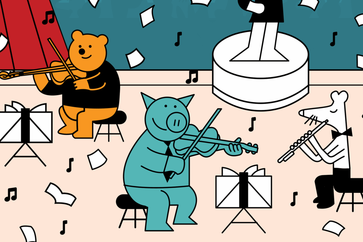 Illustration of cartoon animals playing musical instruments on a stage with sheet music.