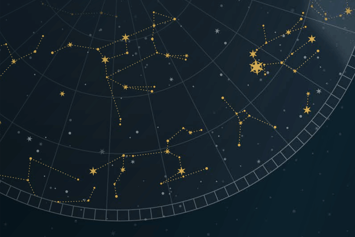Illustration of a star map with yellow constellations and dotted lines arranged on a circular grid.