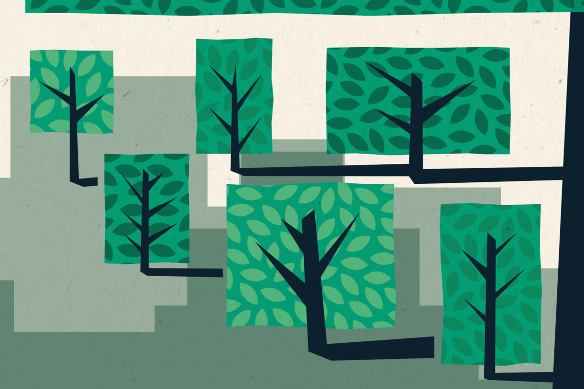Illustration of stylized trees with blocky green leaves and black trunks.