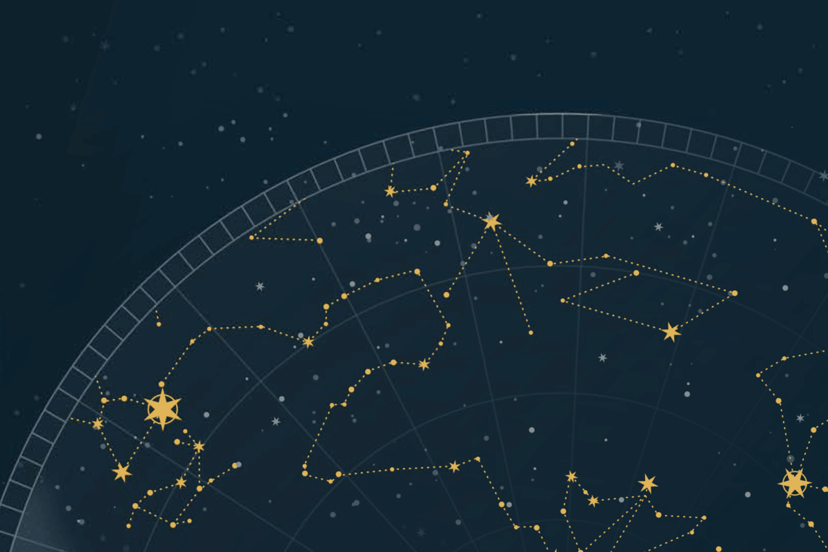 Illustration of a star map with yellow constellations and dotted lines arranged on a circular grid.
