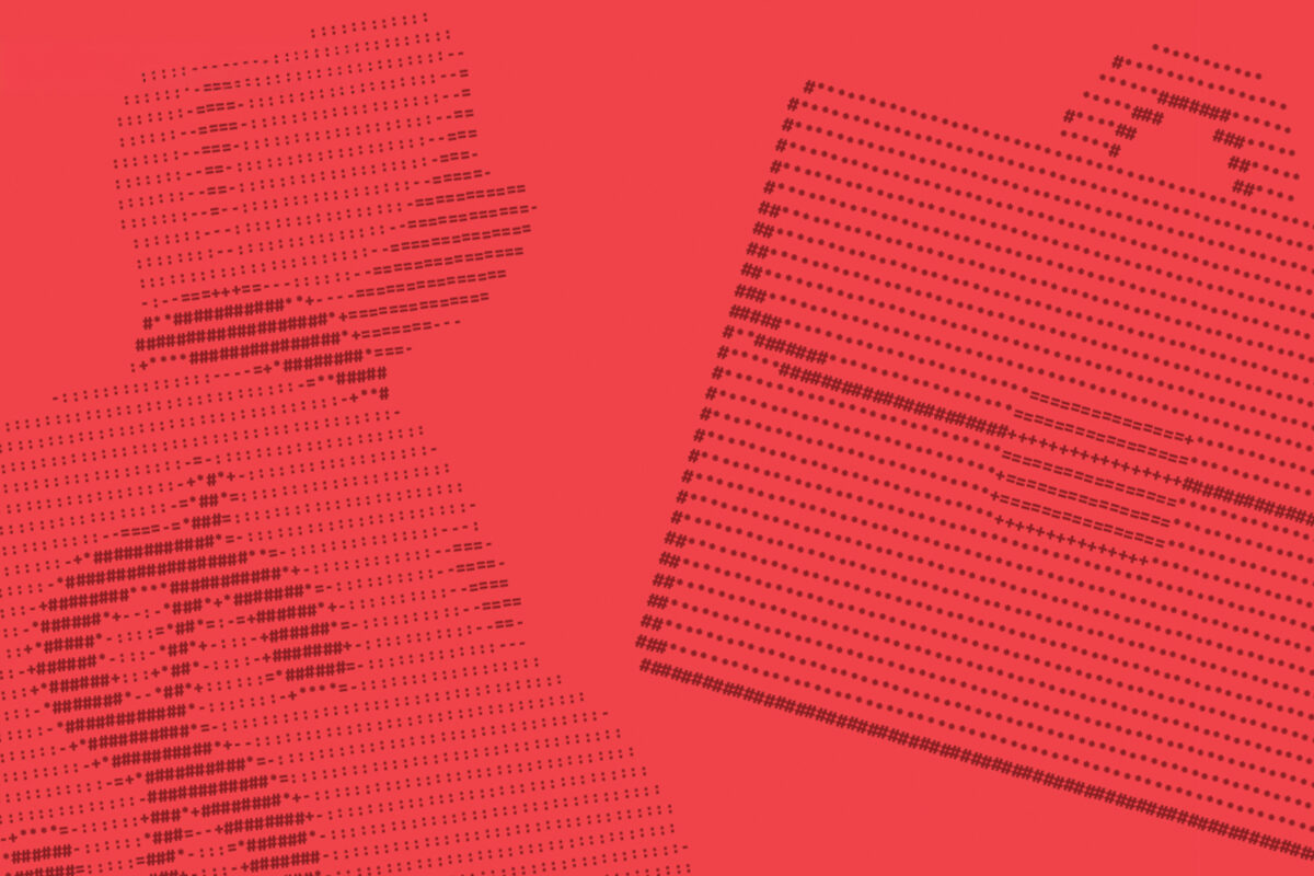 Character-based artwork of a silhouette of a bag of money and a briefcase in black text against a red background.