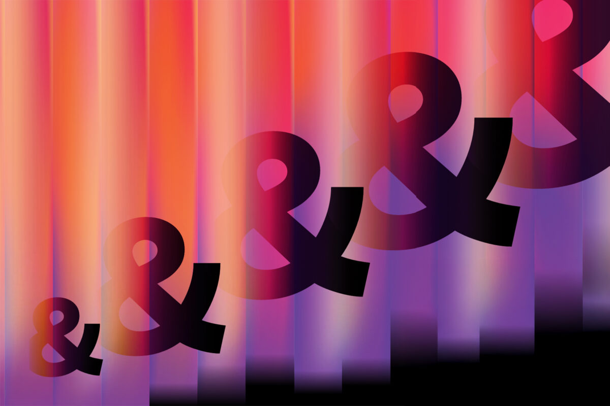 A series of bold black ampersands increasing in size diagonally over a pink, orange, and purple gradient background with vertical light streaks.