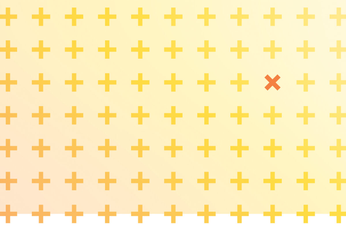 A grid of yellow plus signs on a pale background with one red X near the upper right.