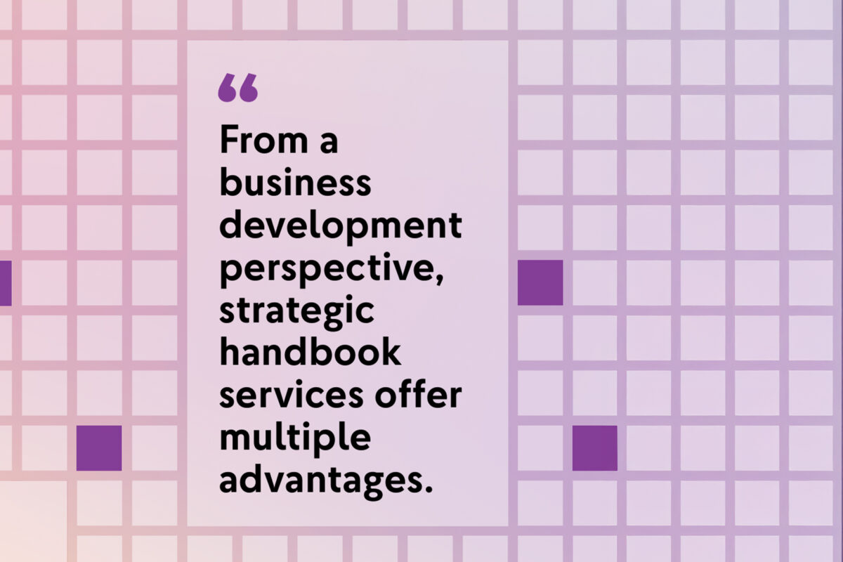 Text reads, "From a business development perspective, strategic handbook services offer multiple advantages," displayed on a purple square grid over a light purple background.