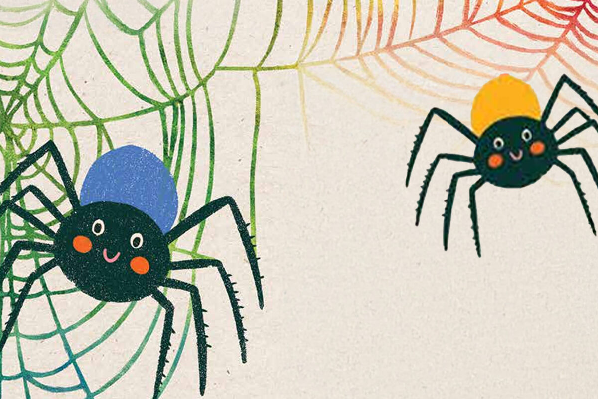 Cartoon-like illustration of two smiling spiders sitting on colorful spider webs.