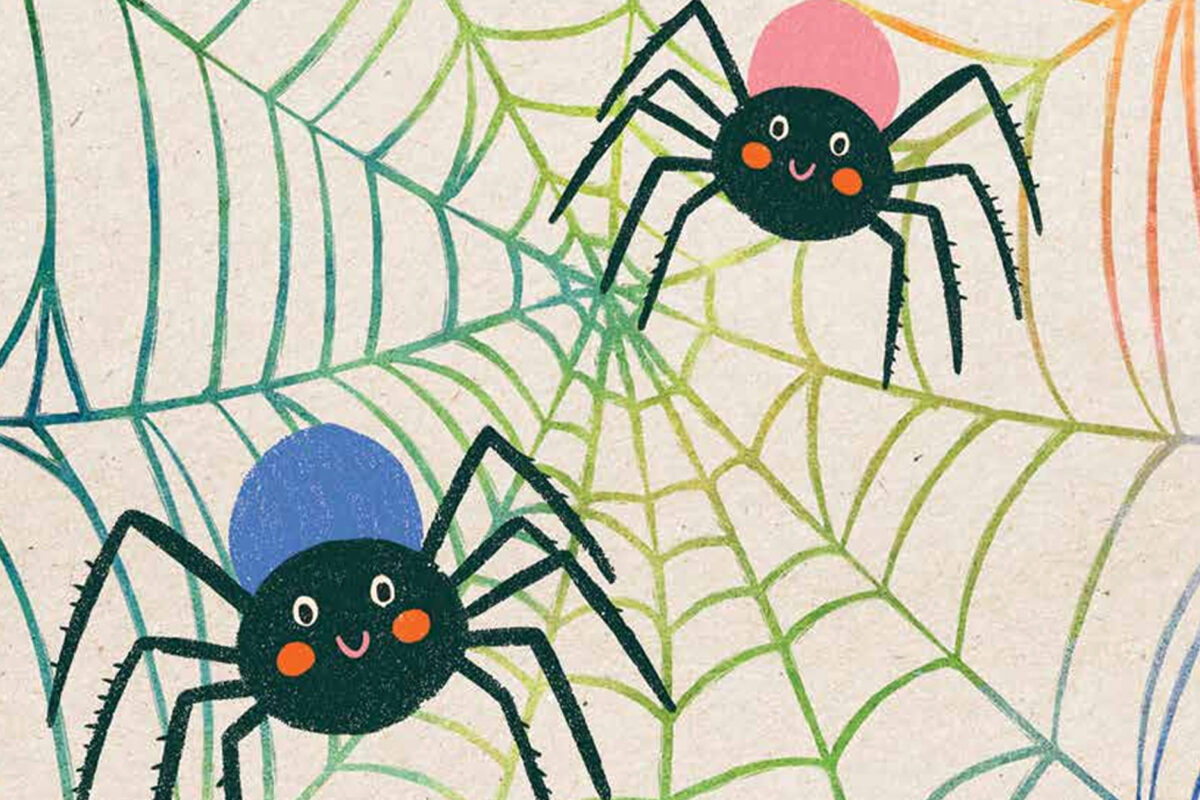 Cartoon-like illustration of two smiling spiders sitting on colorful spider webs.