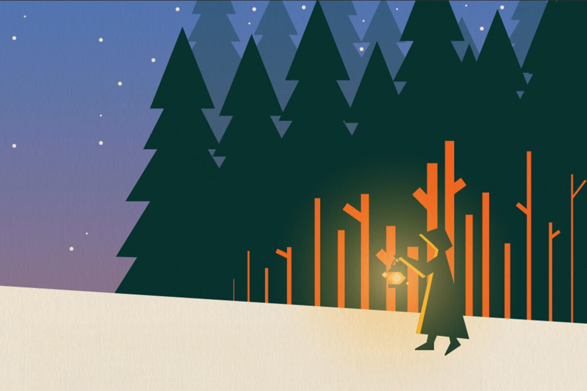 Illustration of a silhouetted figure holding a glowing lantern in their hand, walking along a tree line at night.