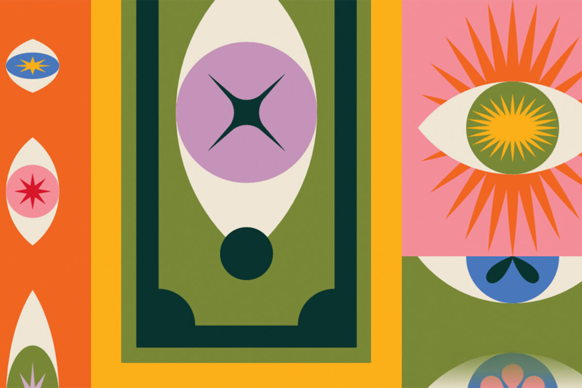 Abstract graphic illustration featuring colorful, stylized eyes and geometric patterns.