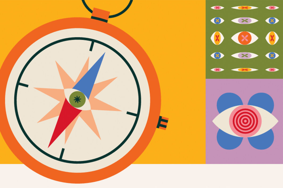 Graphic illustration featuring a large compass on a yellow background alongside abstract panels of stylized eye imagery.