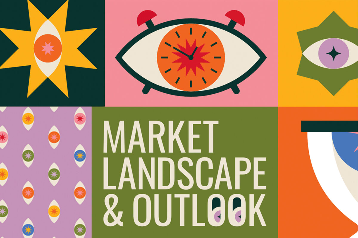 Graphic illustration of colorful panels with stylized eye imagery and large text reading, "Market Landscape and Outlook."