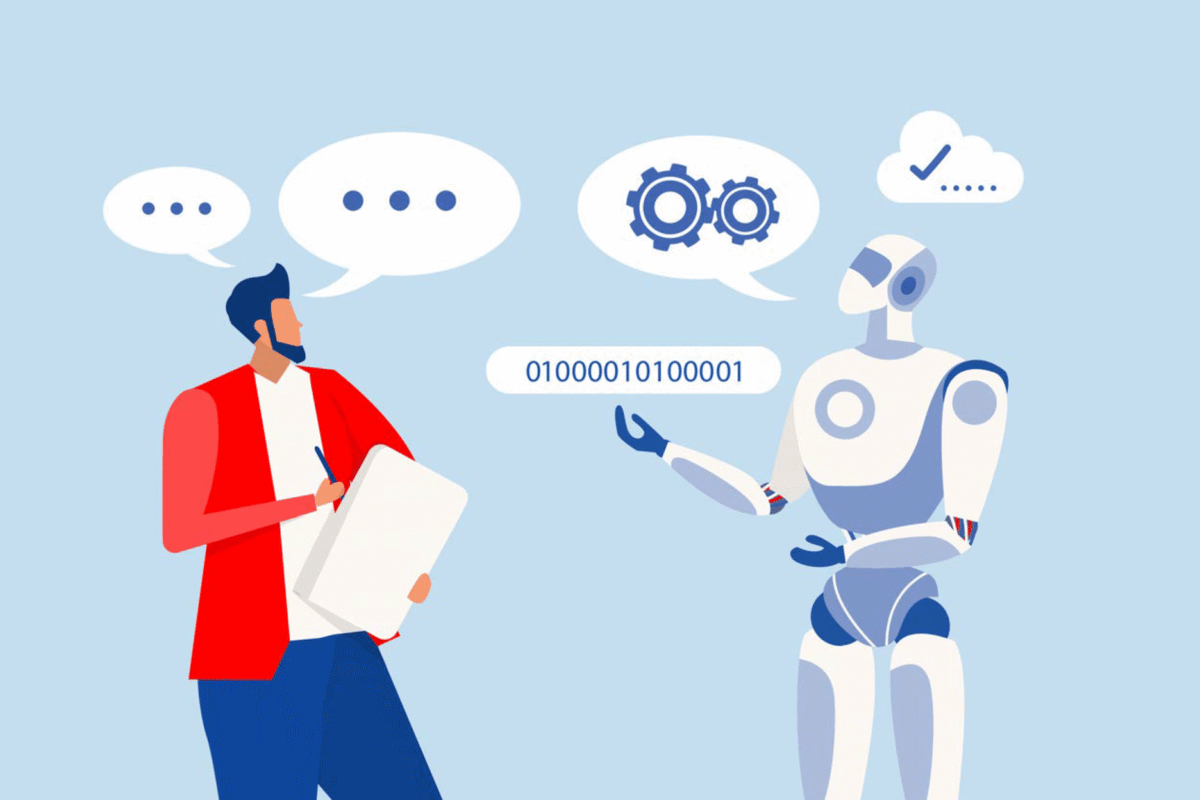 Illustration of a person holding a clipboard, speaking with a humanoid robot, with speech bubbles showing ellipses, gears, and a string of binary code between them.