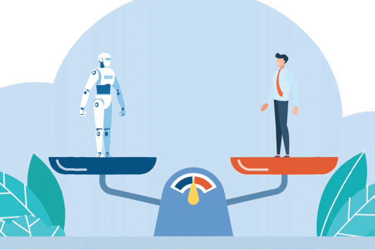 Illustration of a humanoid robot and a businessman standing on opposite sides of a balanced scale, suggesting a comparison or balance between humans and artificial intelligence.