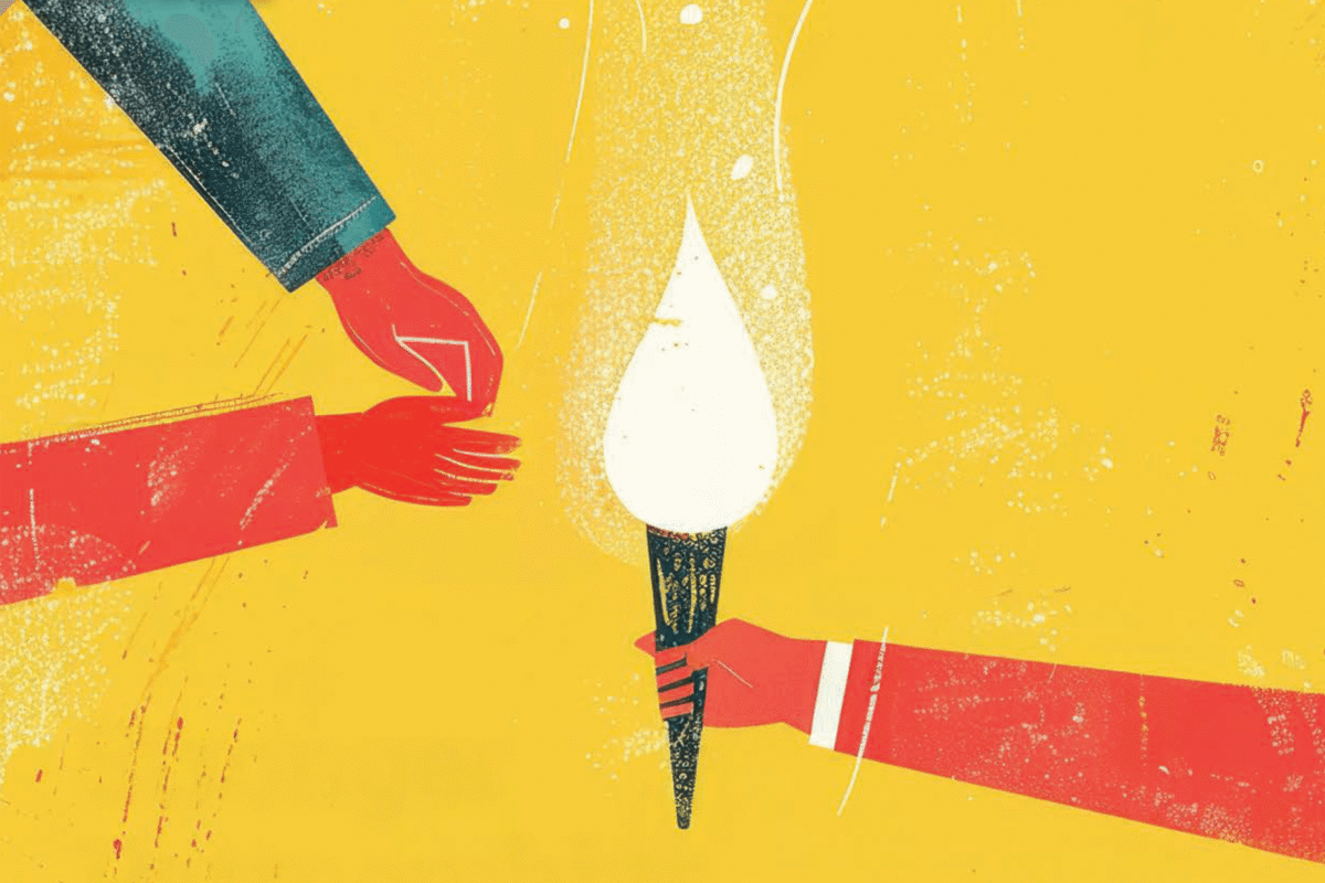 Illustration of two different hands reaching toward a glowing torch held by another hand.