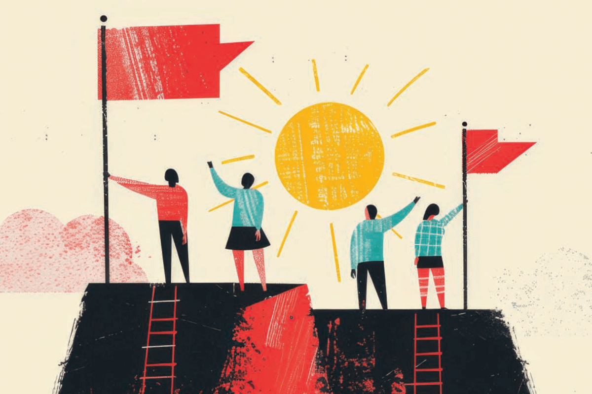 Illustration of two groups of people standing on cliffs and holding red flags, hands raised with the sun in the background.