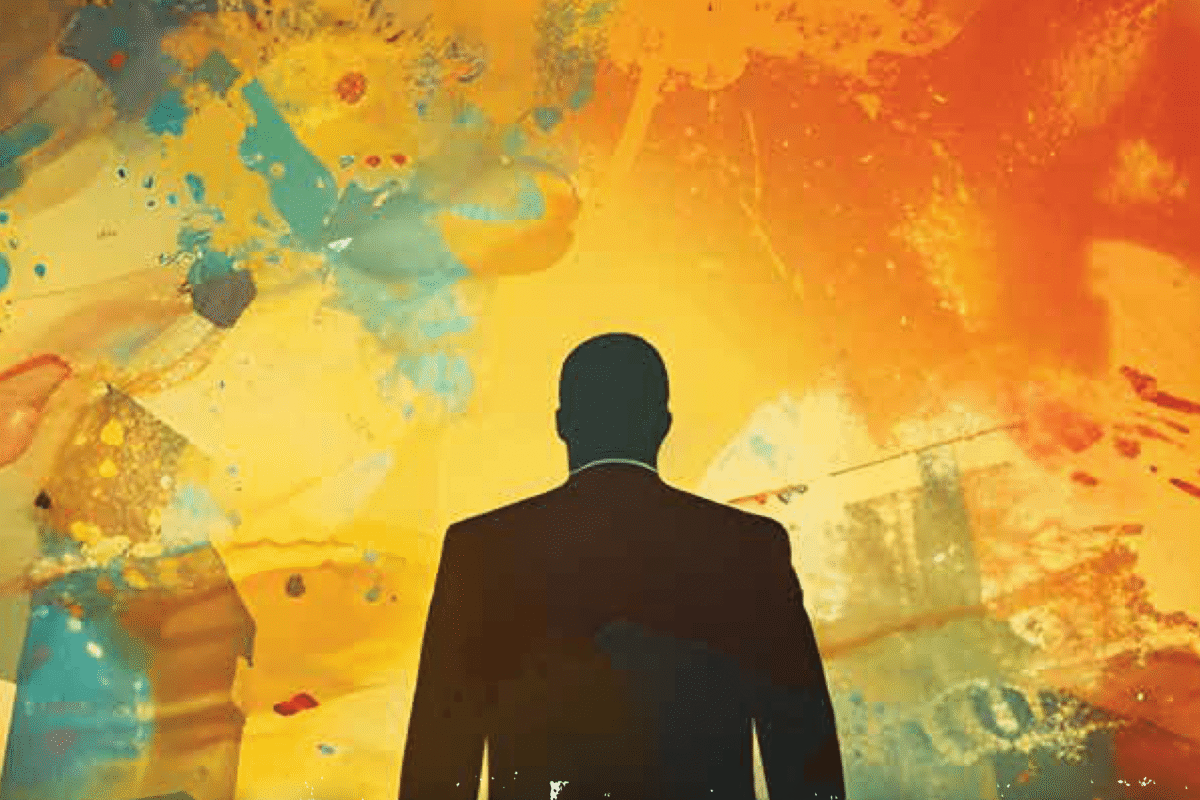 Illustration of a silhouetted figure seen from behind, facing a vivid abstract explosion of colors.
