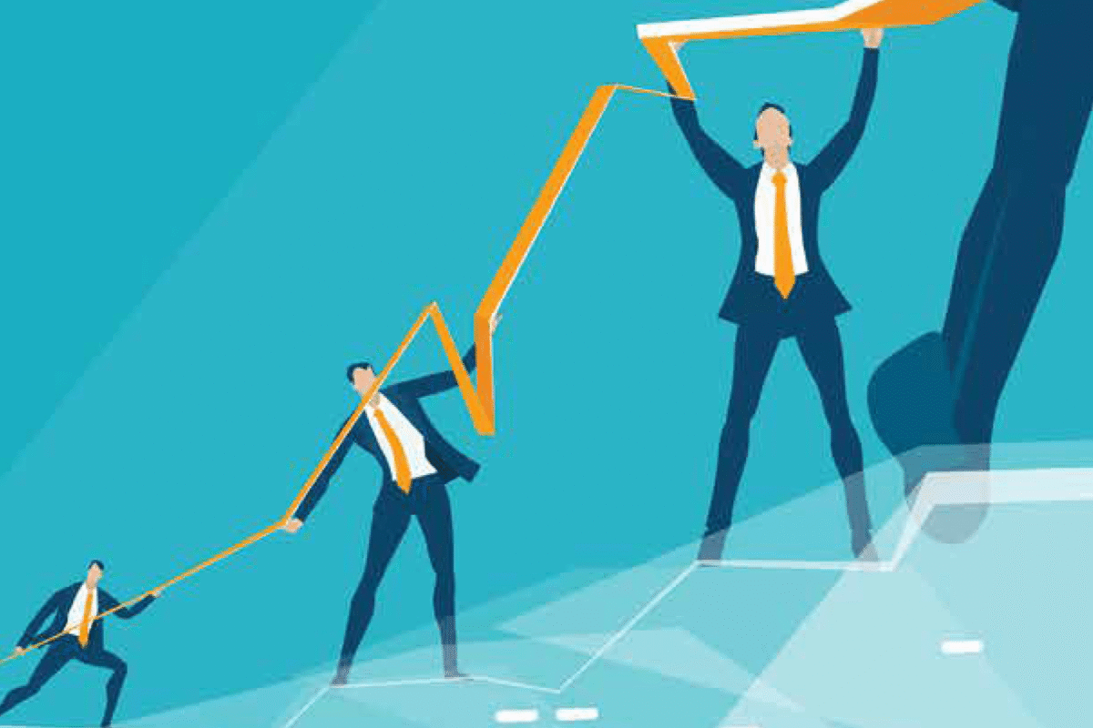 Illustration of three businessmen pulling and lifting a rising line graph, suggesting teamwork driving business growth.