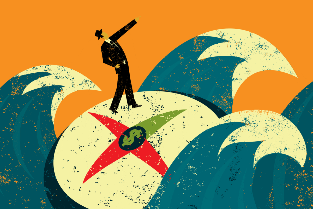 Illustration of a businessman standing on a compass amid large waves, pointing forward with one hand.