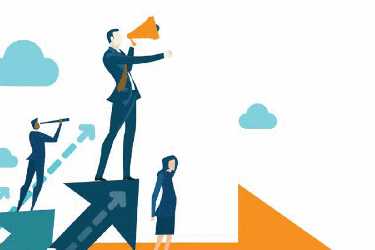 Illustration of a businessman standing on an upward arrow and speaking through a megaphone, with others behind him using a telescope and looking ahead.